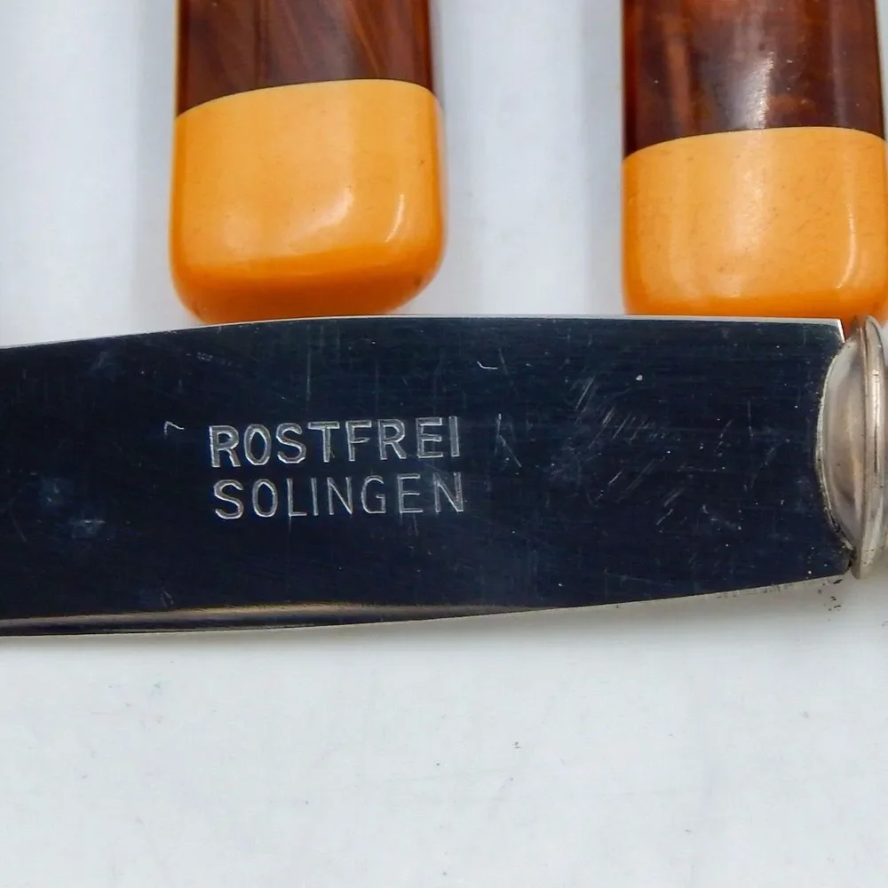 Rostfrei Solingen Dessert Knife 6 Pc Set Wood Grain Bakelite Handle Box 1930s